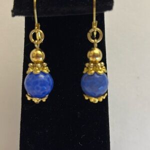 Blue and Gold Earring, 1.75" drop, handmade